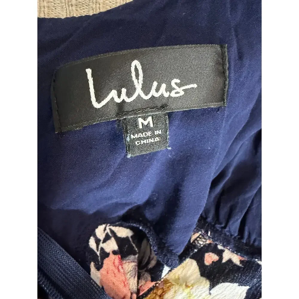 Lulus Navy Floral Maxi Dress M Sleeveless V-Neck Back Zip Side Slit Wedding
